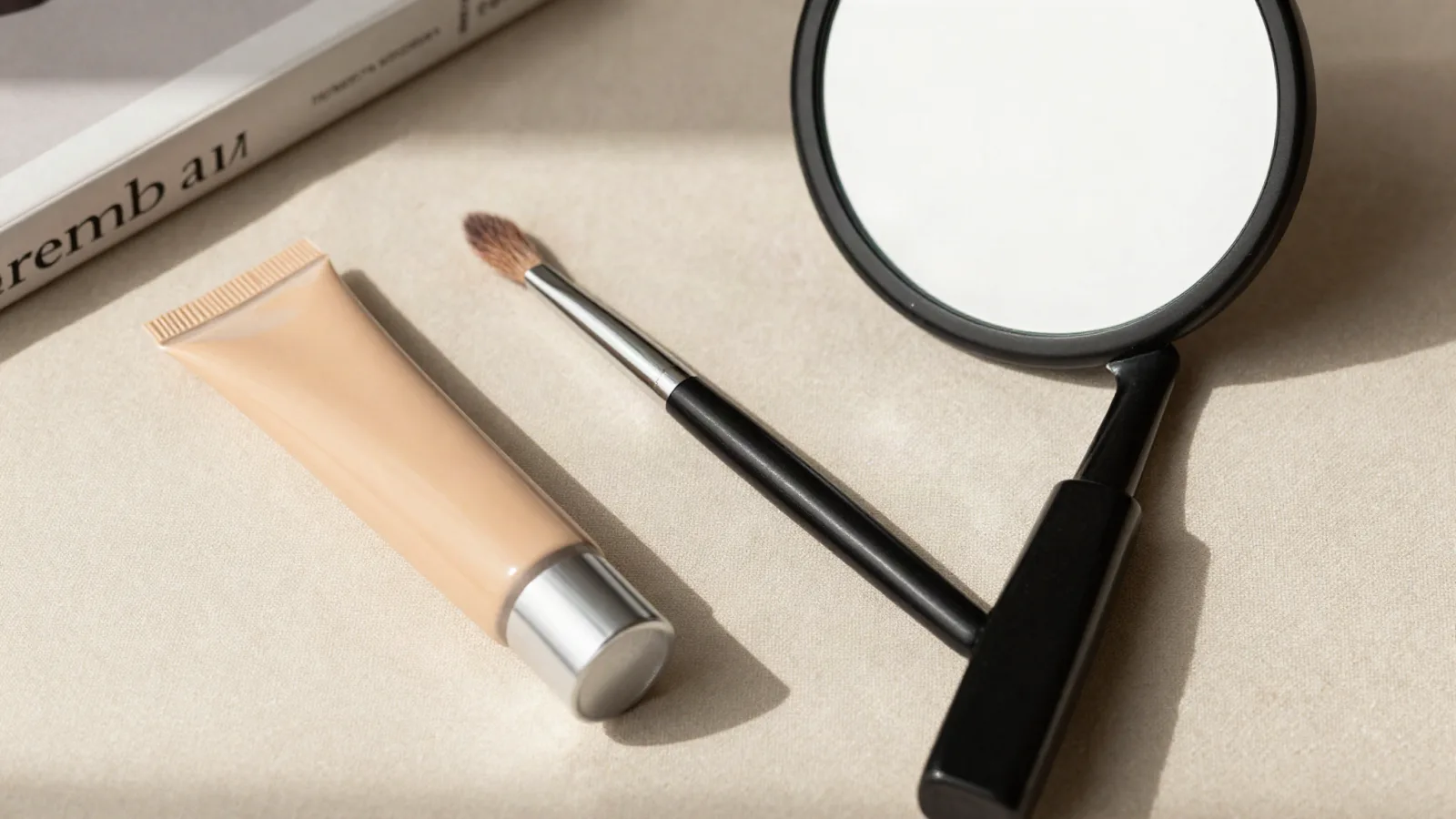 Anti-cernes beige, pinceau fin et miroir sur une table de maquillage claire