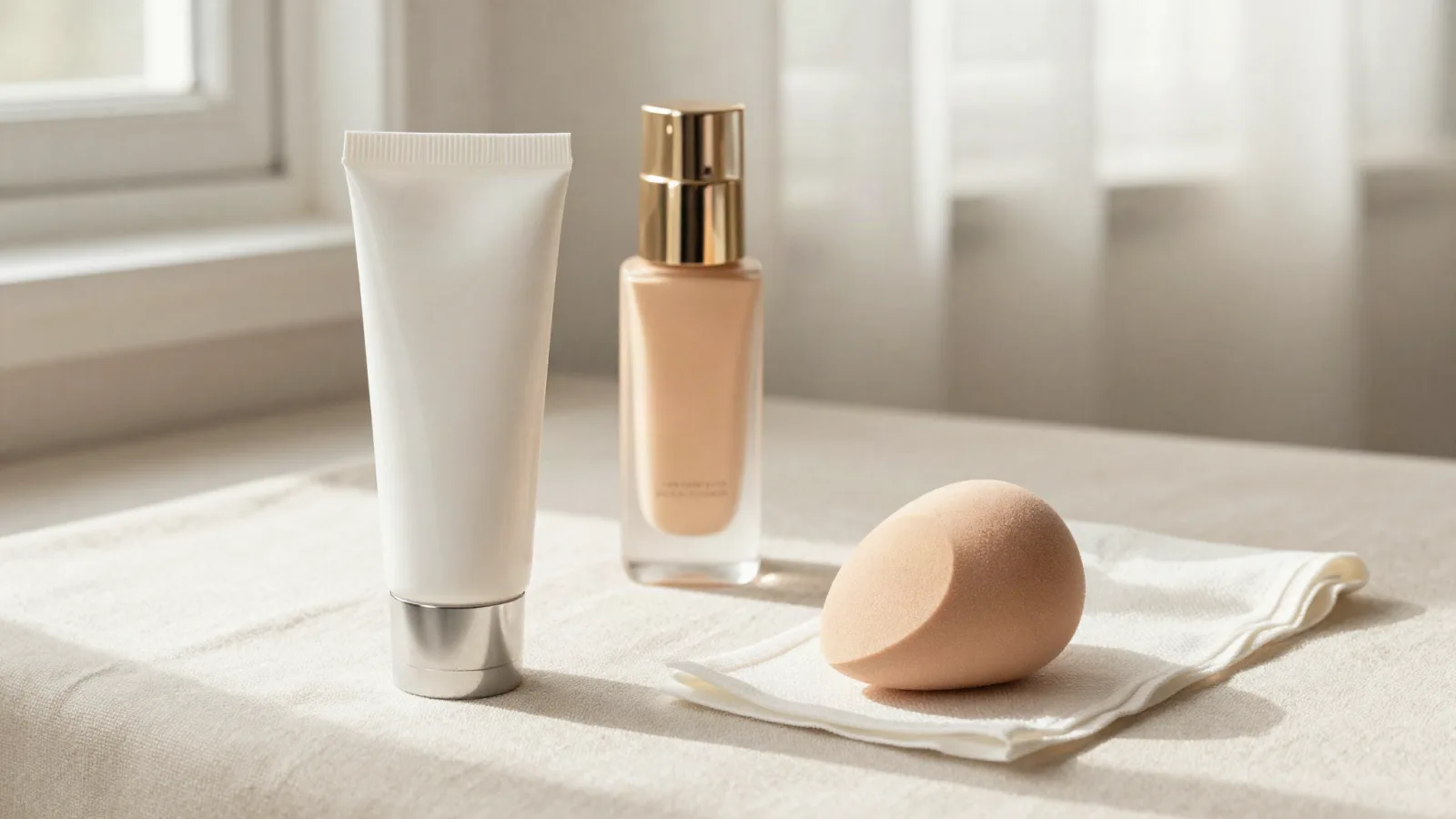 Crème hydratante, fond de teint fluide et éponge douce pour un maquillage confortable