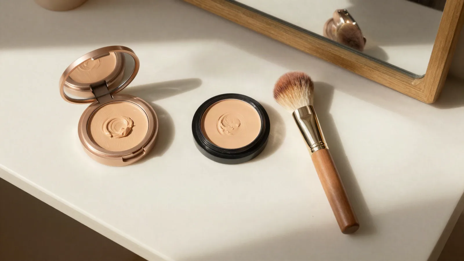 Produits de teint légers, pinceau et éponge sur une coiffeuse lumineuse