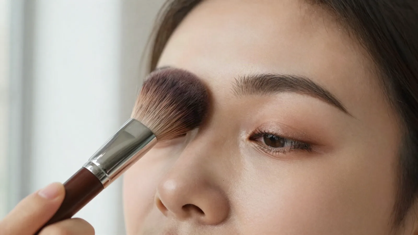 Poudre fine appliquée avec un pinceau doux sur un maquillage naturel