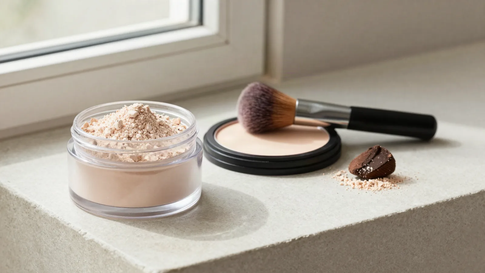 Poudre libre, poudre compacte et pinceau doux disposés sur une coiffeuse claire